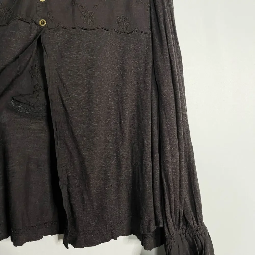 Free People XSmall Dark Gray Femme Fatale Bell Sleeve Top Embroidered Open Back